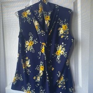 Free People Navy Blue Floral Sleeveless Blouse with Yellow Roses
